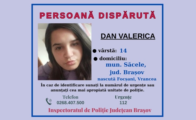 O fată, în vârstă de 14 ani, este căutată de polițiști. A plecat ieri către școală și nu s-a mai întors