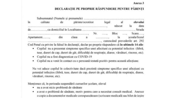 Părinţii nu vor mai fi obligaţi să semneze o declarație pe propria răspundere, când aduc copilul la școală/ grădiniță