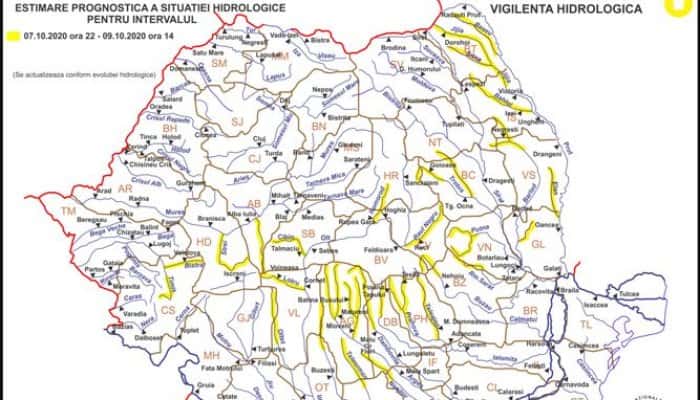 Cod galben de inundații în opt bazine hidrografice. Alertă maximă, la noapte, în Prahova