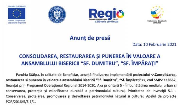 Anunț de presă: CONSOLIDAREA, RESTAURAREA ȘI PUNEREA ÎN VALOARE A ANSAMBLULUI BISERICII “SF. DUMITRU”, “SF. ÎMPĂRAȚI”