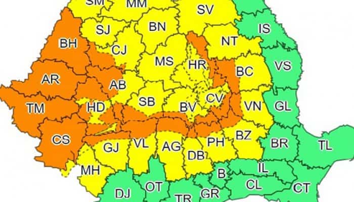 Cod galben și cod portocaliu de fenomene meteo extreme, în 27 de județe