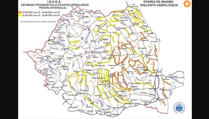 Risc crescut de producere a inundațiilor, în special în Prahova, Dâmboviţa, Buzău, Covasna, Bacӑu, Vrancea şi Galaţi