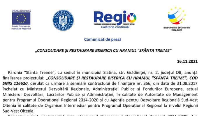  Comunicat de presă: „CONSOLIDARE ŞI RESTAURARE BISERICA CU HRAMUL "SFÂNTA TREIME"