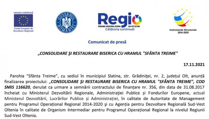 Comunicat de presă: „CONSOLIDARE ŞI RESTAURARE BISERICA CU HRAMUL "SFÂNTA TREIME"