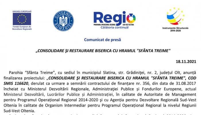  Comunicat de presă: „CONSOLIDARE ŞI RESTAURARE BISERICA CU HRAMUL "SFÂNTA TREIME"