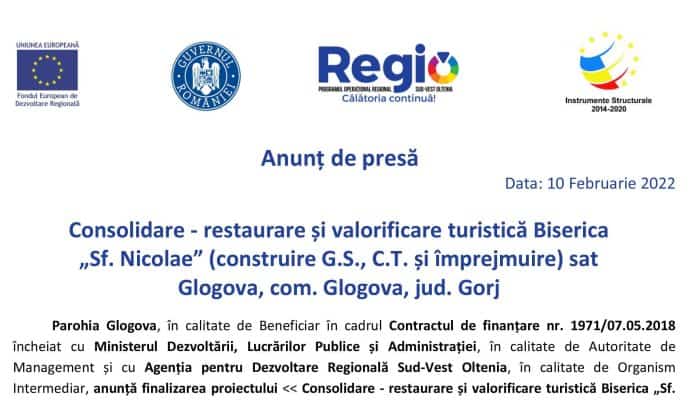 Anunț de presă: Consolidare - restaurare și valorificare turistică Biserica „Sf. Nicolaeˮ (construire G.S., C.T. și împrejmuire) sat Glogova, com. Glogova, jud. Gorj