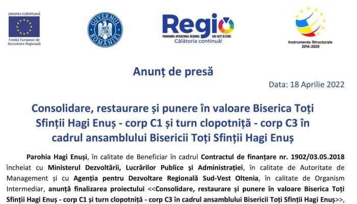Anunț de presă: Consolidare, restaurare și punere în valoare Biserica Toți Sfinții Hagi Enuș - corp C1 și turn clopotniță - corp C3 în cadrul ansamblului Bisericii Toți Sfinții Hagi Enuș