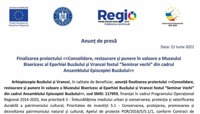 Anunț de presă: Finalizarea proiectului Consolidare, restaurare și punere în valoare a Muzeului Bisericesc al Eparhiei Buzăului și Vrancei fostul “Seminar vechi” din cadrul Ansamblului Episcopiei Buzăului