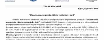 COMUNICAT DE PRESĂ: “Eficientizarea energetică a clădirilor rezidențiale - Lot 1”