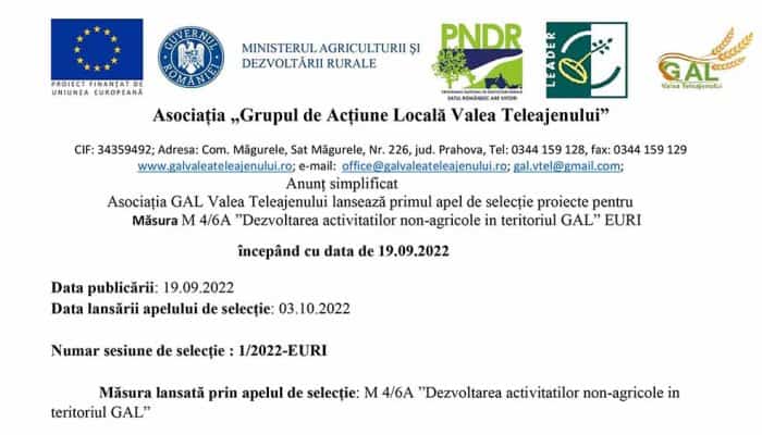 Asociația GAL Valea Teleajenului lansează primul apel de selecție proiecte pentru Măsura M 4/6A ”Dezvoltarea activitatilor non-agricole in teritoriul GAL” EURI