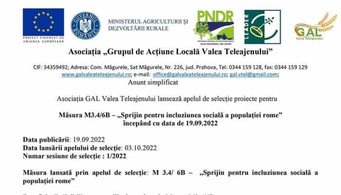 Asociația GAL Valea Teleajenului lansează apelul de selecție proiecte pentru Măsura M3.4/6B – „Sprijin pentru incluziunea socială a populației rome” începând cu data de 19.09.2022