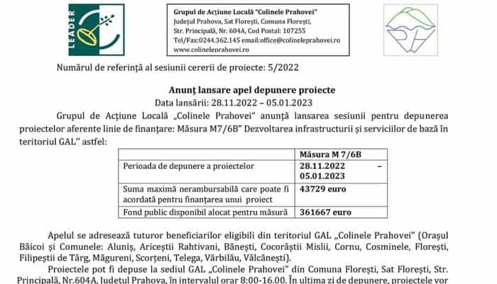 Grupul de Acţiune Locală „Colinele Prahovei” anunţă lansarea sesiunii pentru depunerea proiectelor aferente linie de finanţare: Măsura M7/6B” Dezvoltarea infrastructurii și serviciilor de bază în teritoriul GAL’’