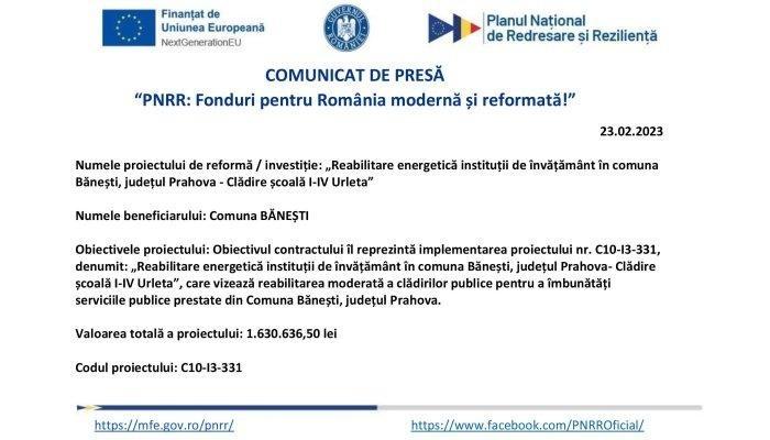 COMUNICAT DE PRESĂ | „PNRR: Fonduri pentru România modernă şi reformată” | Comuna BĂNEȘTI 