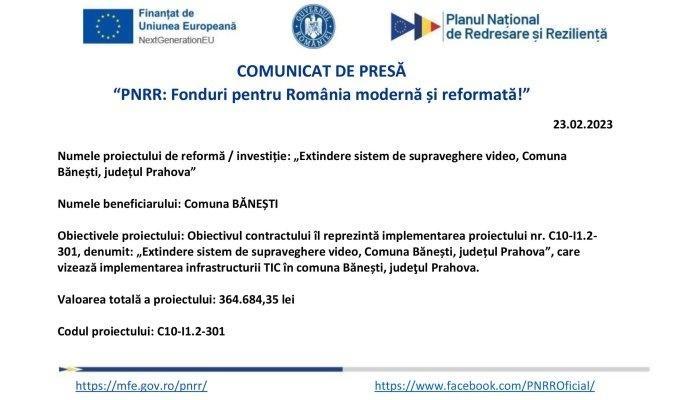 Comunicat de presă | “PNRR: Fonduri pentru România modernă și reformată!” | Comuna BĂNEȘTI