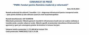 Comunicat de presă | “PNRR: Fonduri pentru România modernă şi reformată!” | UAT SCORȚENI