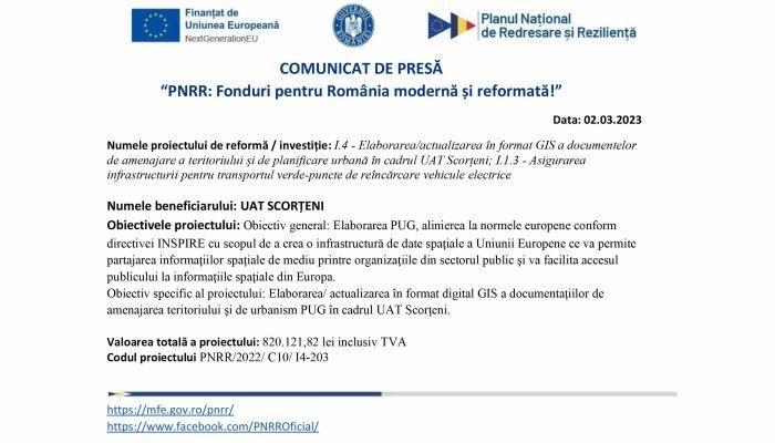 COMUNICAT DE PRESĂ | „PNRR: Fonduri pentru România modernă şi reformată” | UAT SCORȚENI