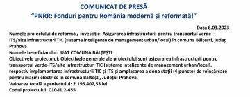 COMUNICAT DE PRESĂ | „PNRR: Fonduri pentru România modernă şi reformată” | UAT COMUNA BĂLȚEȘTI 