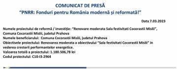 COMUNICAT DE PRESĂ | „PNRR: Fonduri pentru România modernă şi reformată” | U.A.T. Cocorăștii Mislii