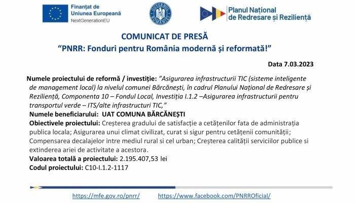COMUNICAT DE PRESĂ | „PNRR: Fonduri pentru România modernă şi reformată” | UAT COMUNA BĂRCĂNEȘTI