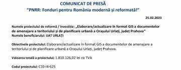 COMUNICAT DE PRESĂ | „PNRR: Fonduri pentru România modernă şi reformată” | UAT ORAŞ URLAȚI 