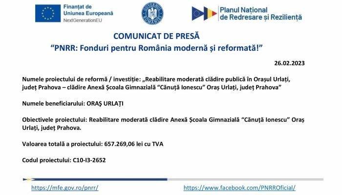 COMUNICAT DE PRESĂ | „PNRR: Fonduri pentru România modernă şi reformată” | UAT ORAŞ URLAȚI