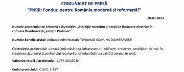 COMUNICAT DE PRESĂ | „PNRR: Fonduri pentru România modernă şi reformată” | UAT COMUNA DUMBRĂVEŞTI 