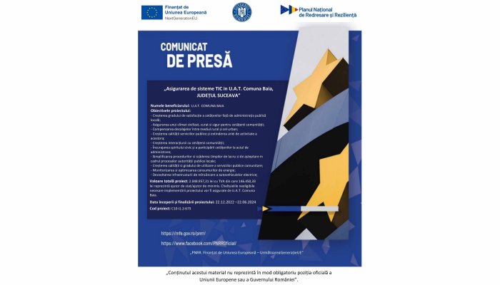 COMUNICAT DE PRESĂ  | „PNRR: Fonduri pentru România modernă şi reformată” | Comuna Baia, JUDEȚUL SUCEAVA