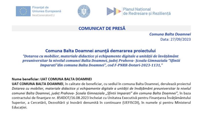 PNRR - Comuna Balta Doamnei, anunț demarare proiect