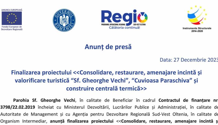Anunț de presă - Finalizarea proiectului >