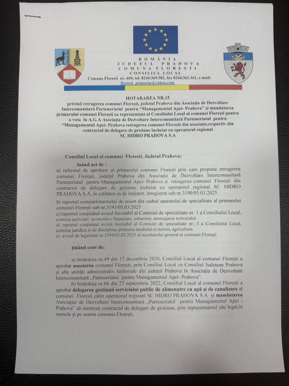 comuna florești demersuri hidro prahova