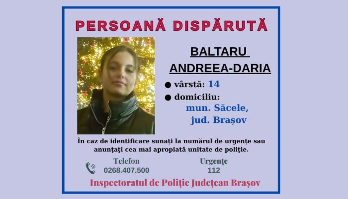 Polițiștii brașoveni caută o fată în vârstă de 14 ani